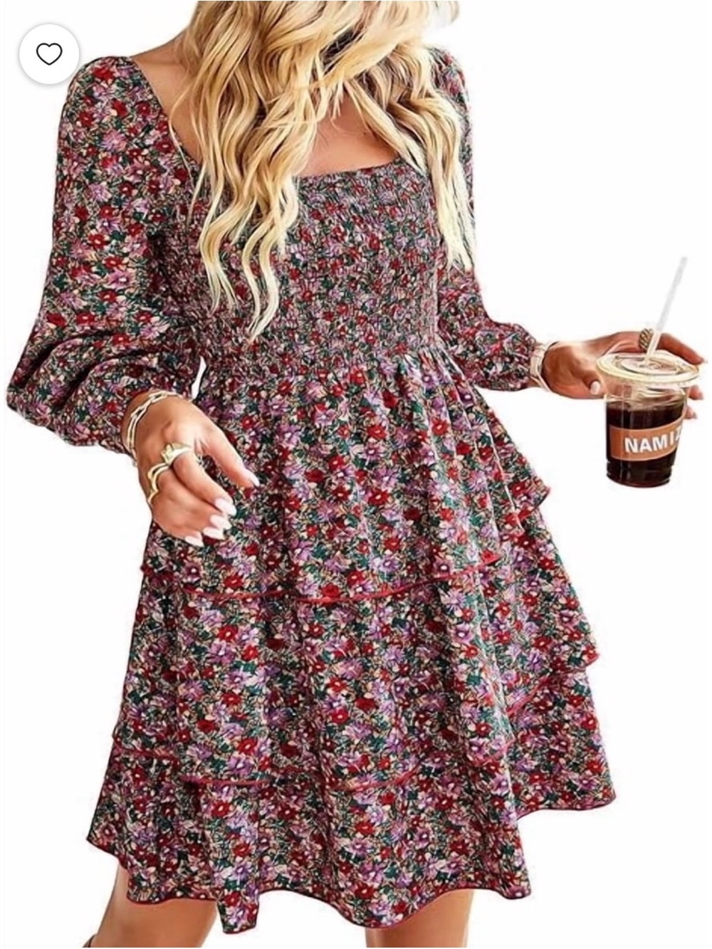 Floral Smocked Square-Neck Tiered Dress - Red Floral